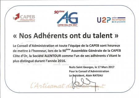 La société Alentour a été mise à l'honneur pendant la 90-ème assemblée générale de la CAPEB Côte D'Or le 17 mars 2017.